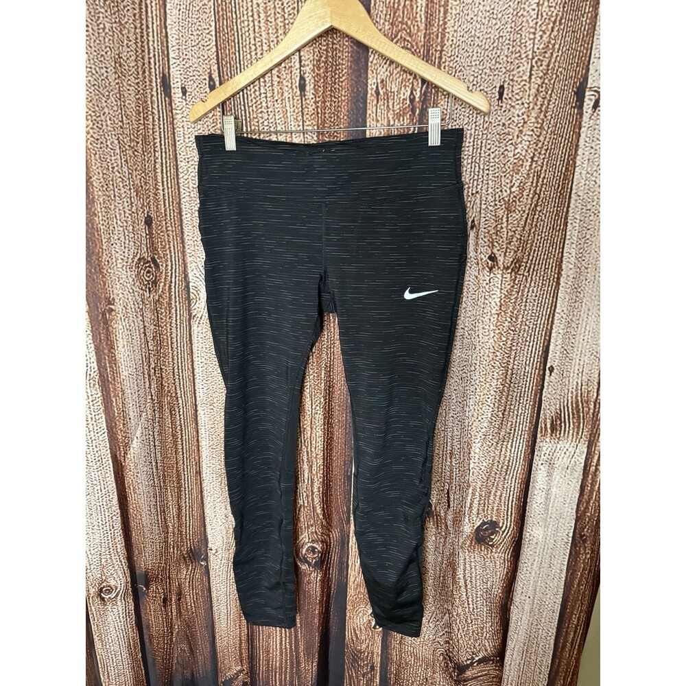 Nike Womens Black Cropped Leggings White Striped Compression Size Large Dri-Fit